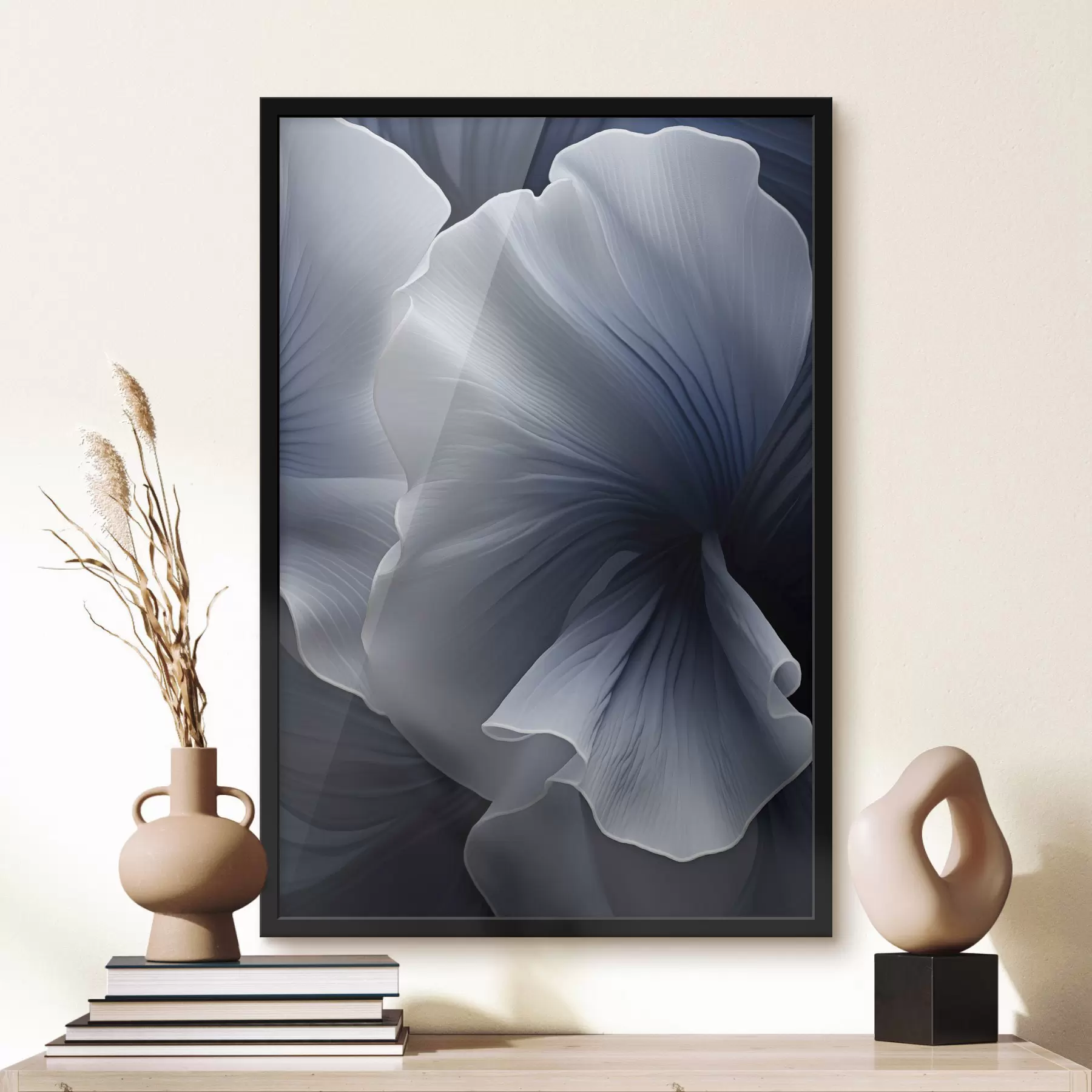 murales de pared Pétalos de flores abstractos en azul y blanco sobre fondo oscuro f48731