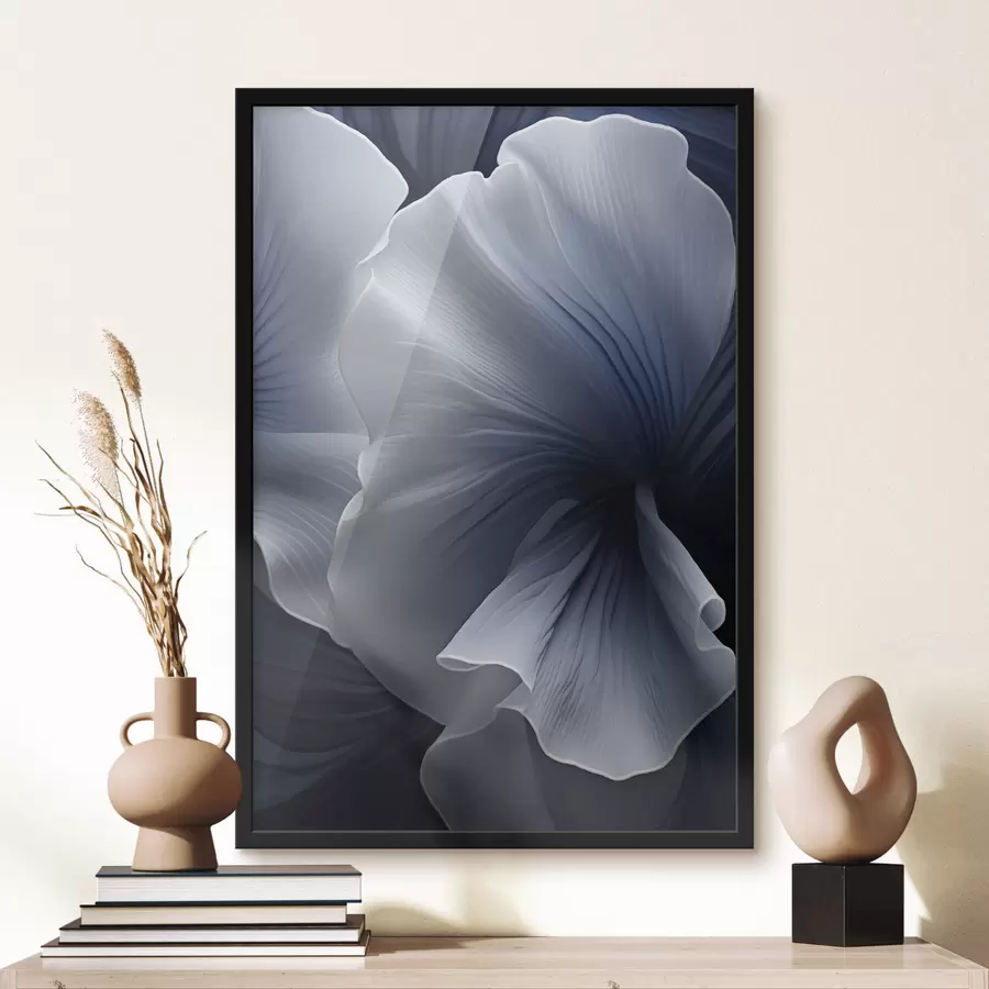 murales de pared Pétalos de flores abstractos en azul y blanco sobre fondo oscuro f48731