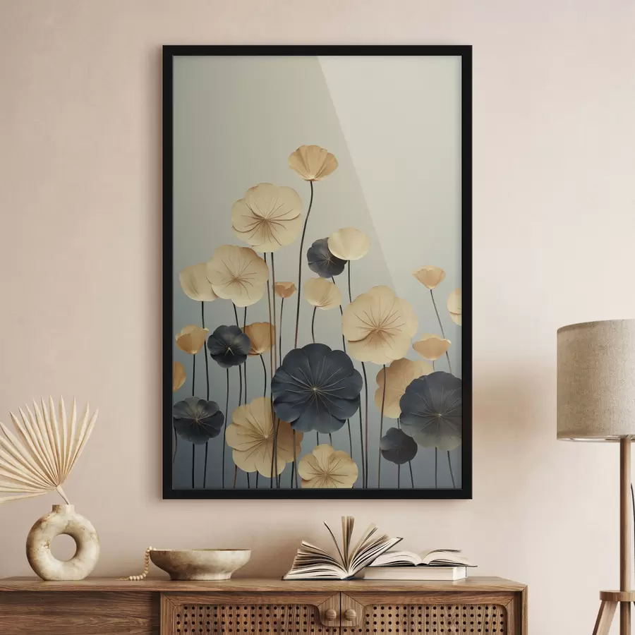 murales de pared Hojas de nenúfar sobre un fondo en tonos apagados de beige y azul oscuro f48734