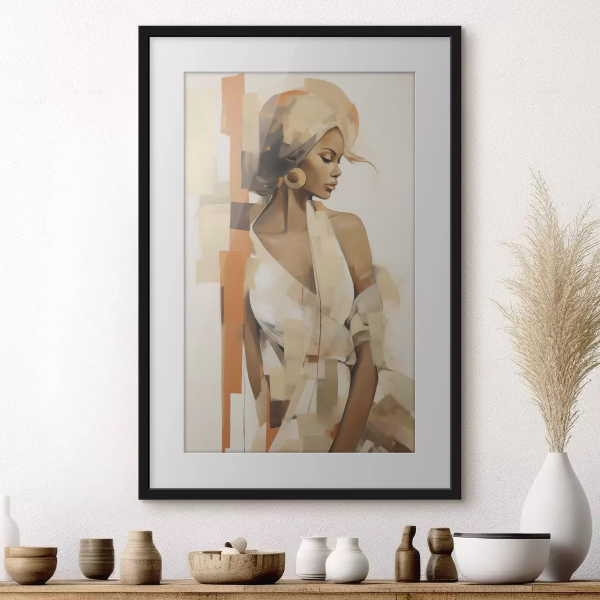 Poster Retrato abstracto de una mujer con formas naranjas y beige f48735