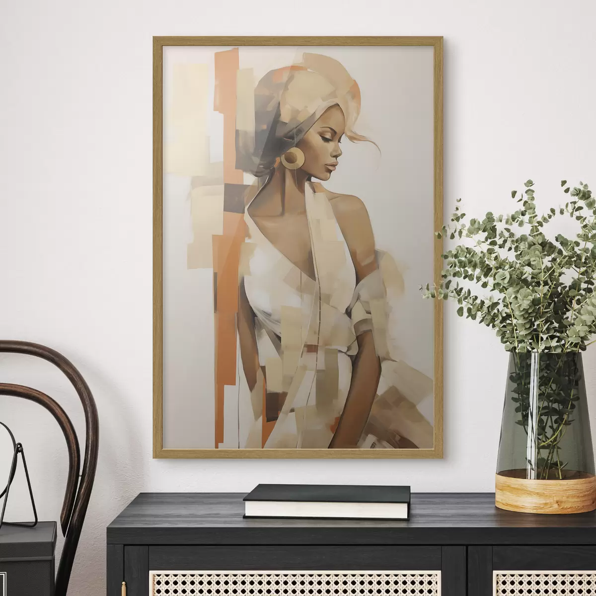 Poster Retrato abstracto de una mujer con formas naranjas y beige f48735