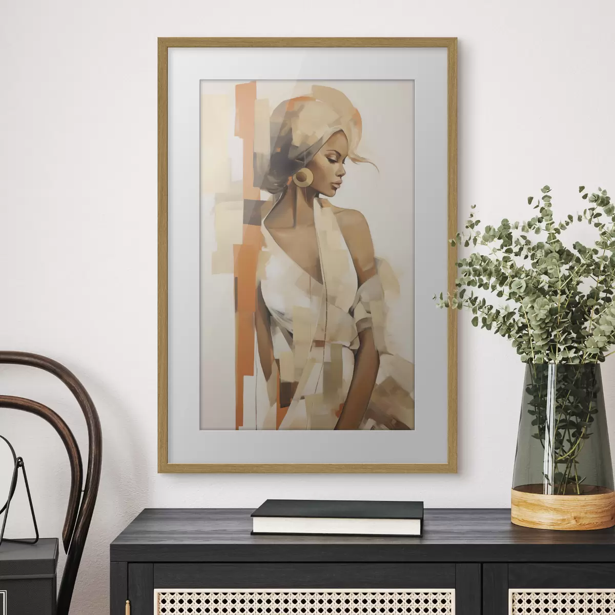 Poster Retrato abstracto de una mujer con formas naranjas y beige f48735