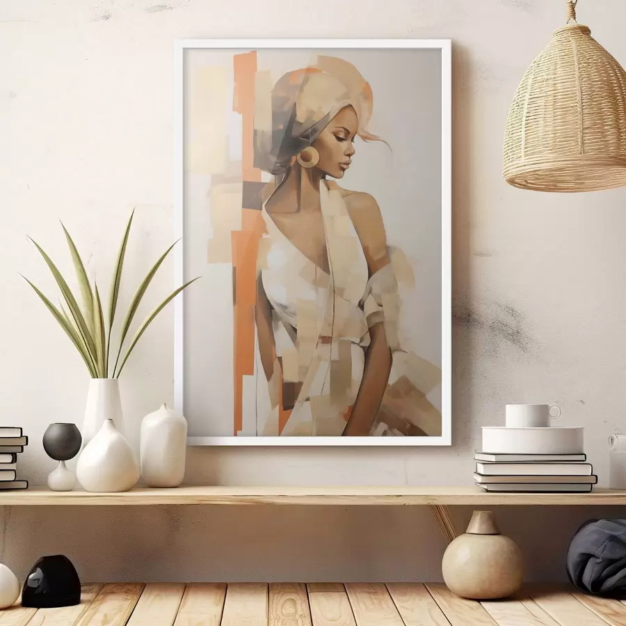 murales de pared Retrato abstracto de una mujer con formas naranjas y beige f48735