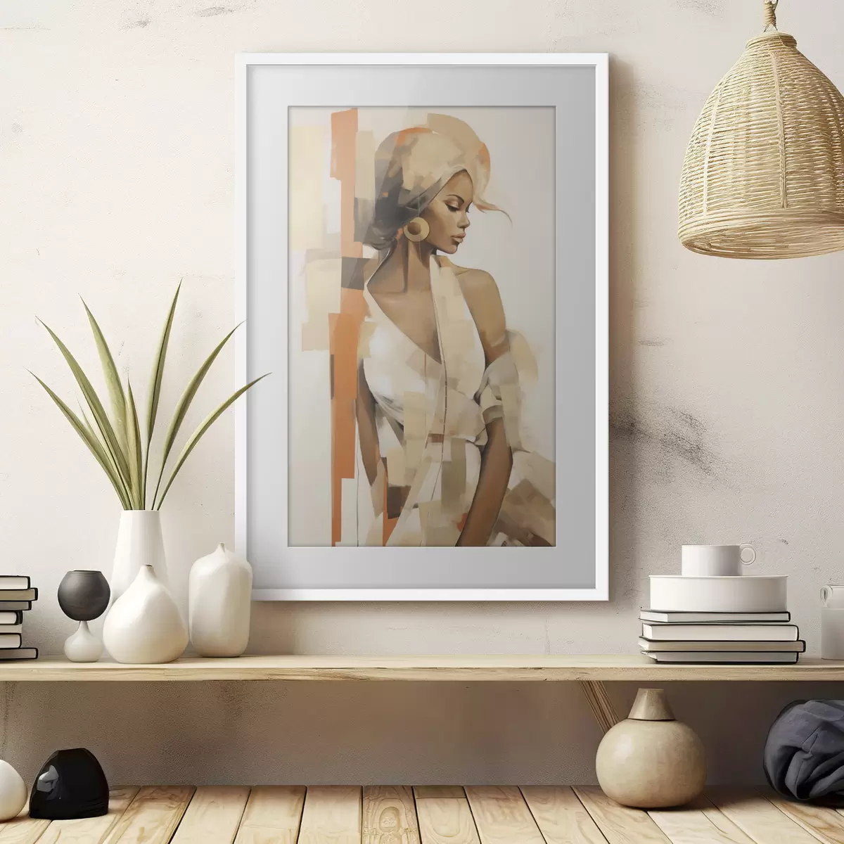 Poster Retrato abstracto de una mujer con formas naranjas y beige f48735