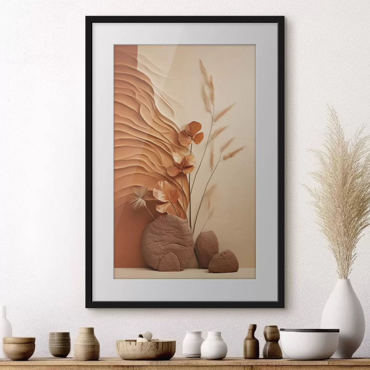 Poster Una obra de arte minimalista con flores secas y hierba de la pampa, sobre un fondo texturizado f48739