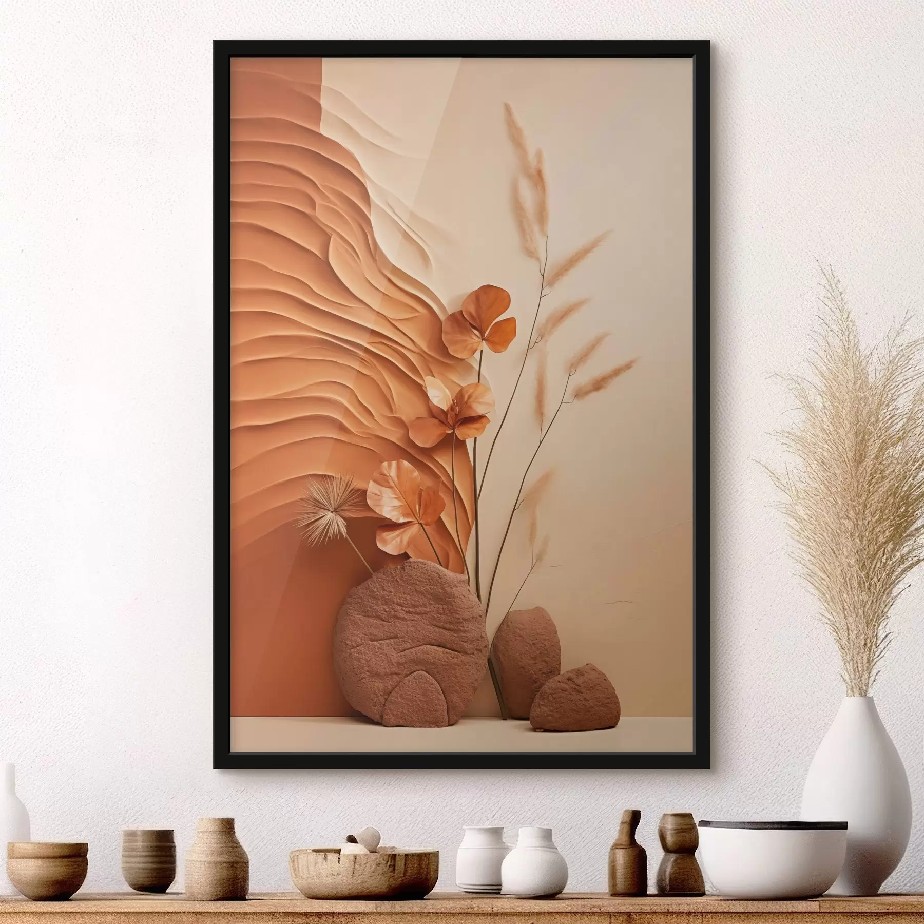 murales de pared Una obra de arte minimalista con flores secas y hierba de la pampa, sobre un fondo texturizado f48739