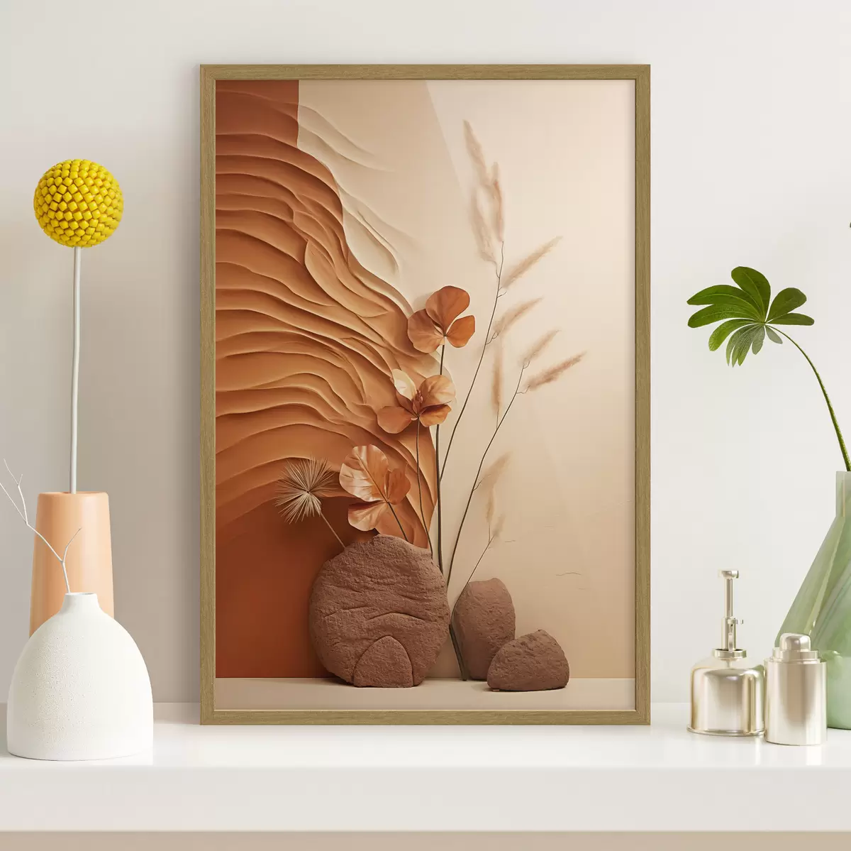 Poster Una obra de arte minimalista con flores secas y hierba de la pampa, sobre un fondo texturizado f48739