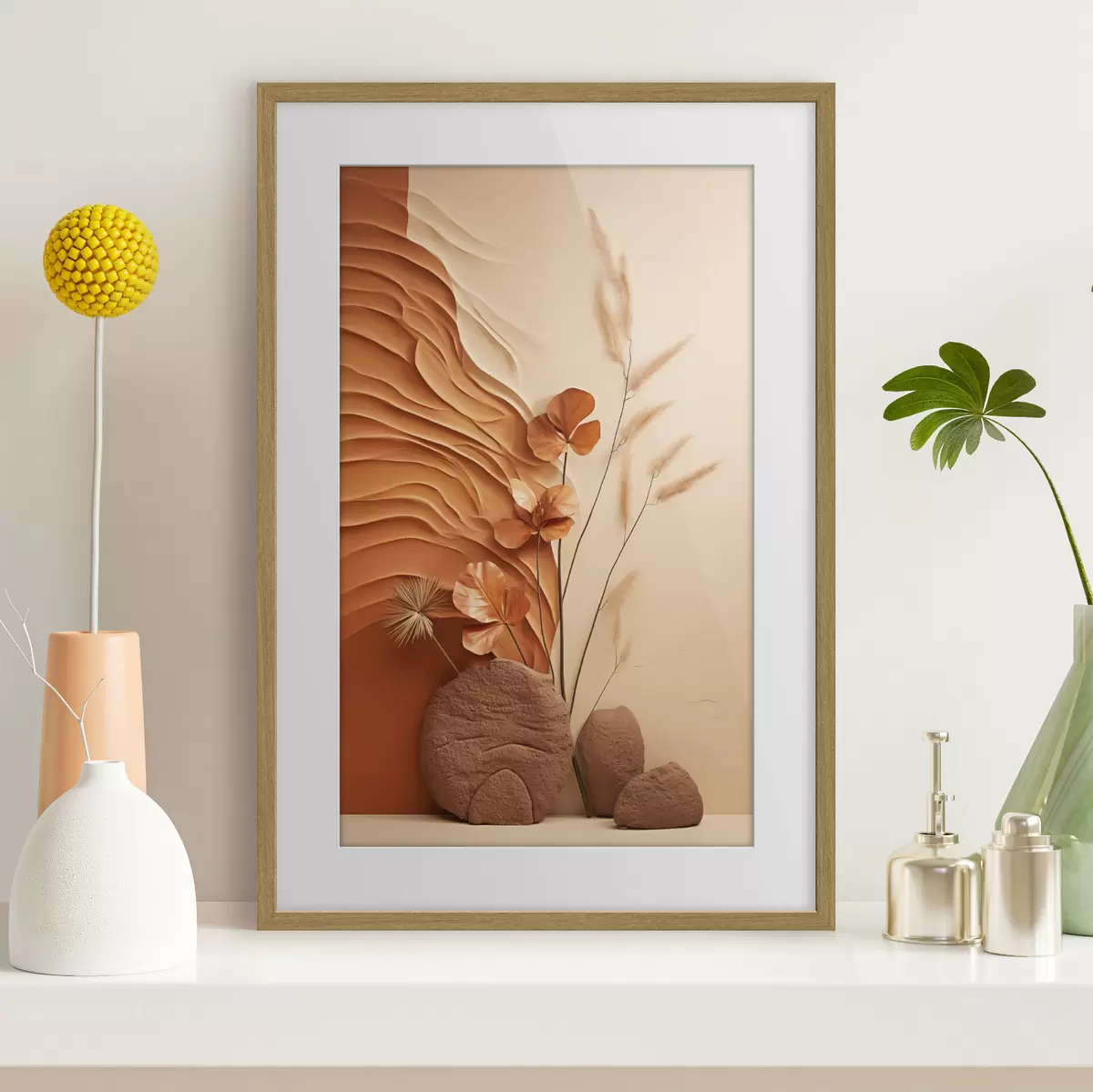 Poster Una obra de arte minimalista con flores secas y hierba de la pampa, sobre un fondo texturizado f48739