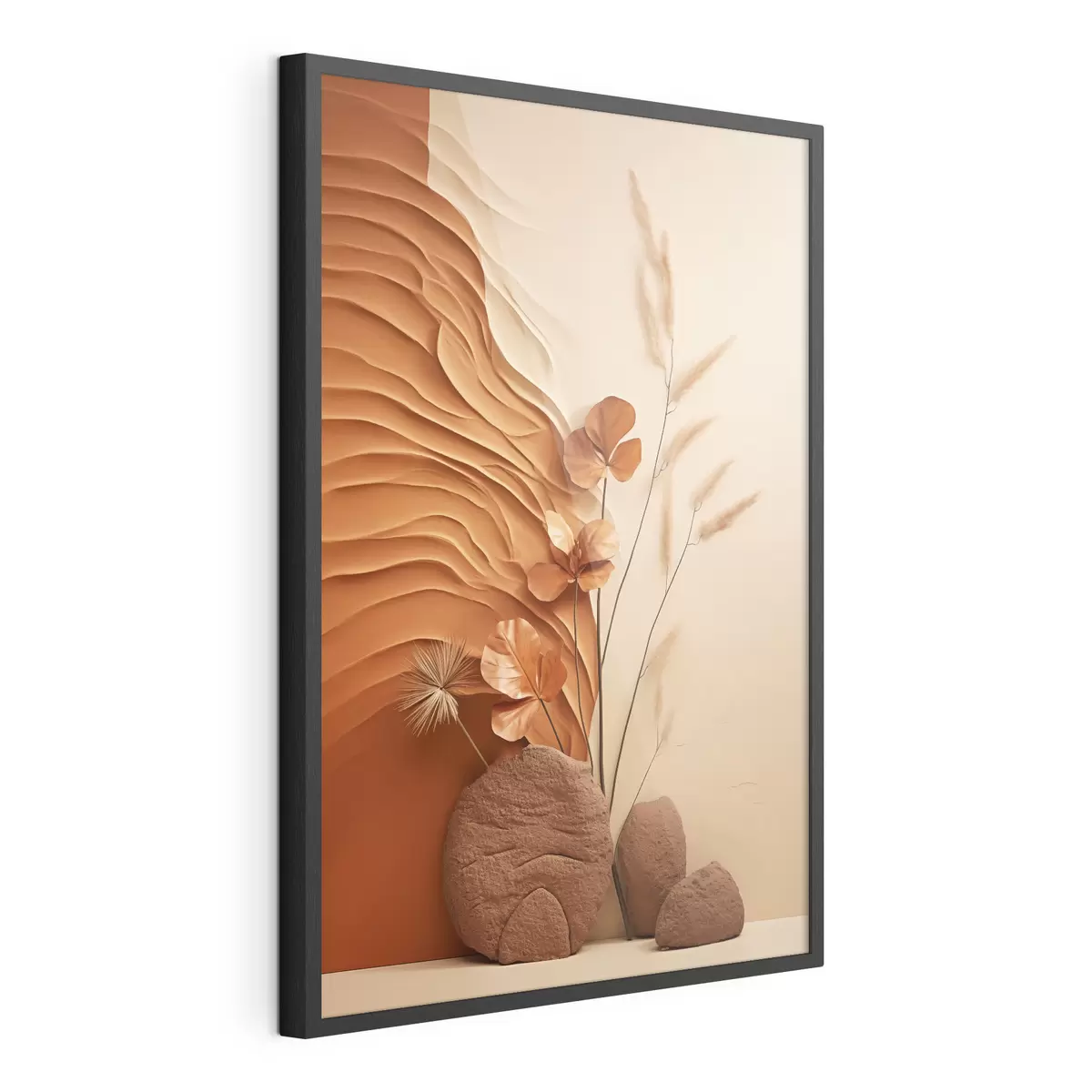 Poster Una obra de arte minimalista con flores secas y hierba de la pampa, sobre un fondo texturizado f48739