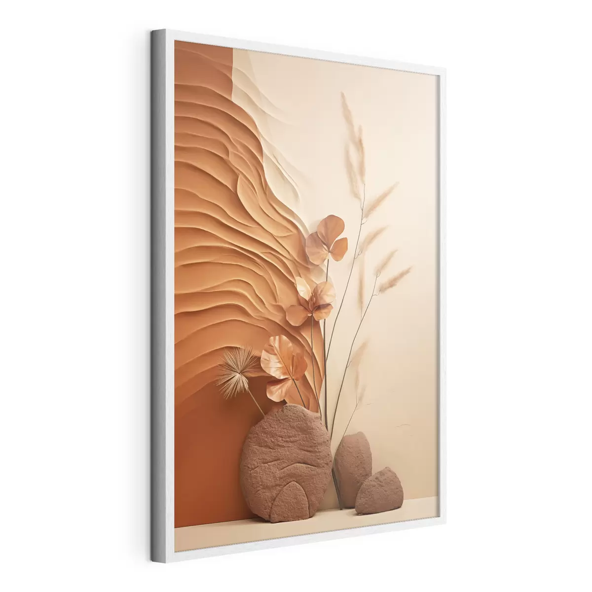 Poster Una obra de arte minimalista con flores secas y hierba de la pampa, sobre un fondo texturizado f48739