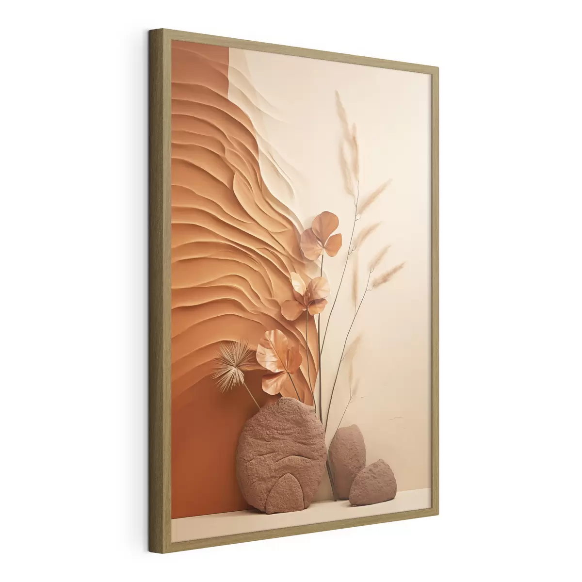 Poster Una obra de arte minimalista con flores secas y hierba de la pampa, sobre un fondo texturizado f48739