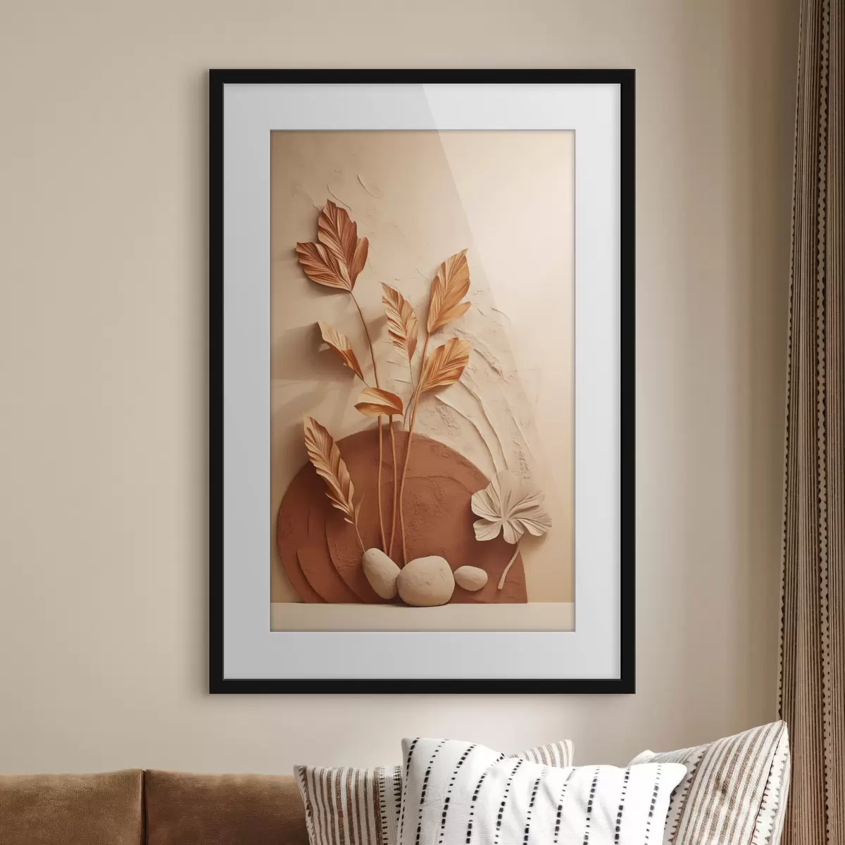 Poster Una obra de arte minimalista con flores secas y hierba de la pampa, sobre un fondo texturizado f48740