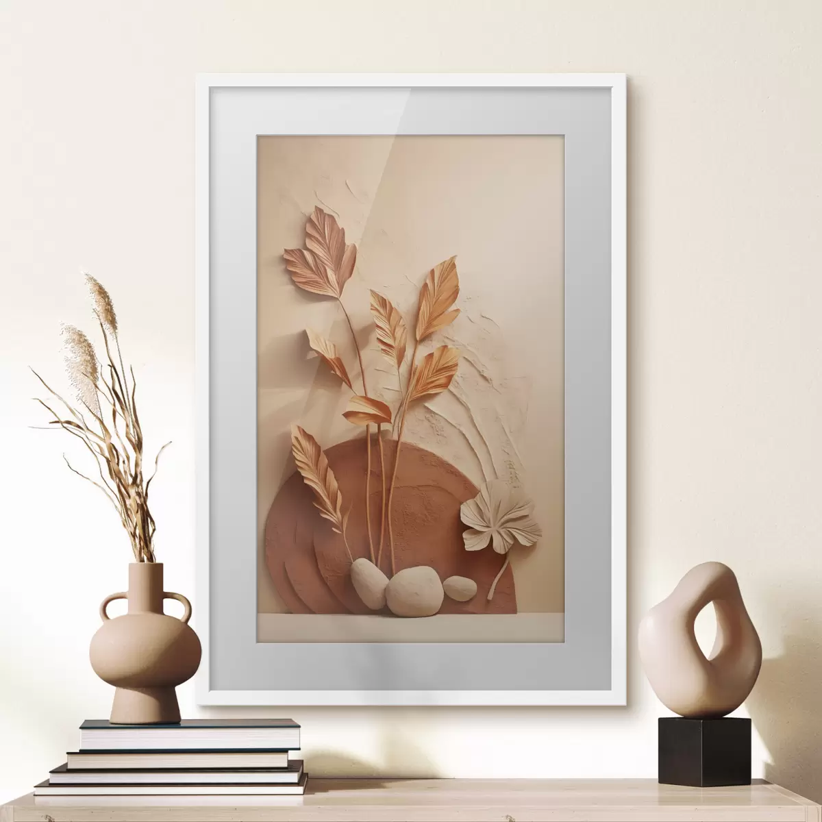 Poster Una obra de arte minimalista con flores secas y hierba de la pampa, sobre un fondo texturizado f48740