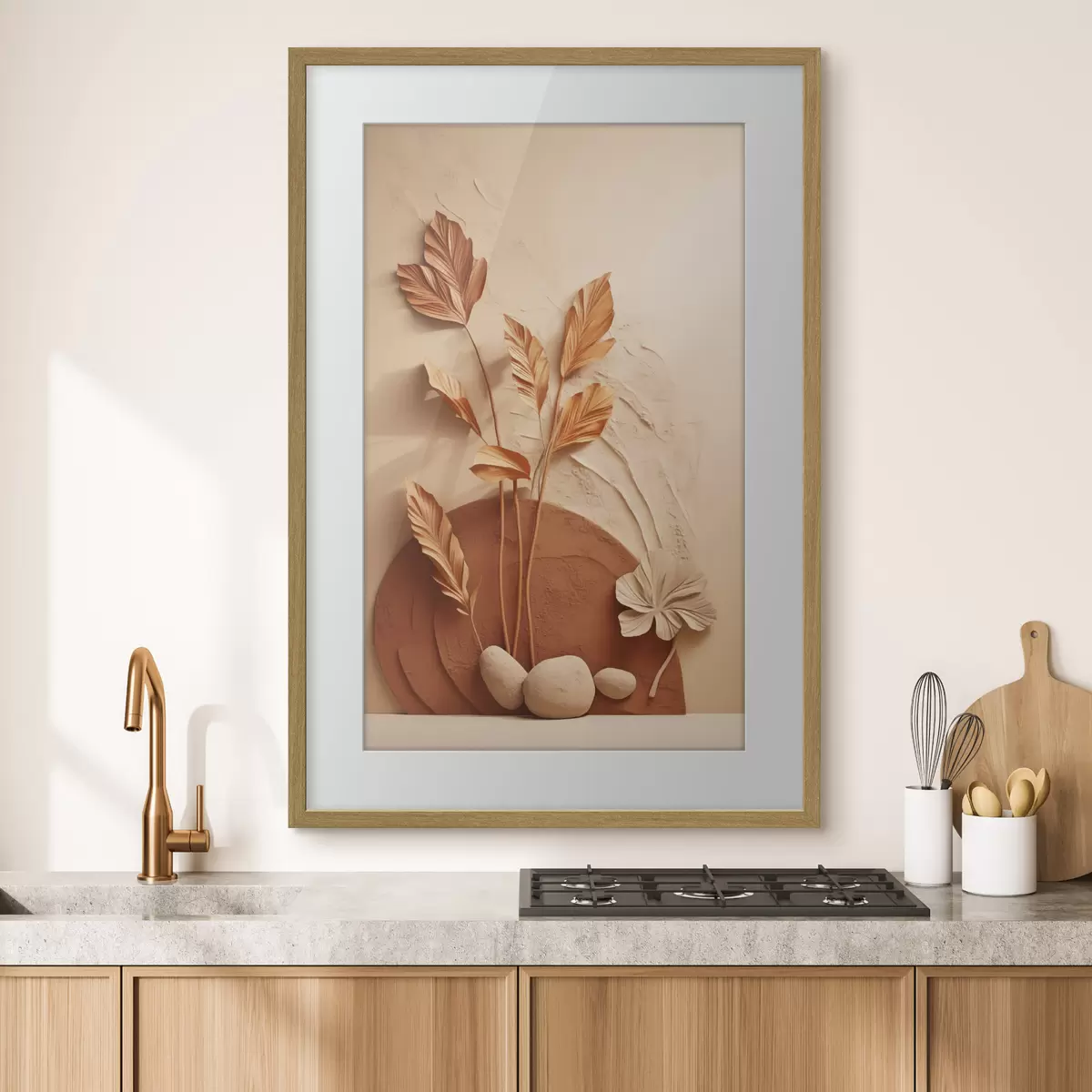 Poster Una obra de arte minimalista con flores secas y hierba de la pampa, sobre un fondo texturizado f48740