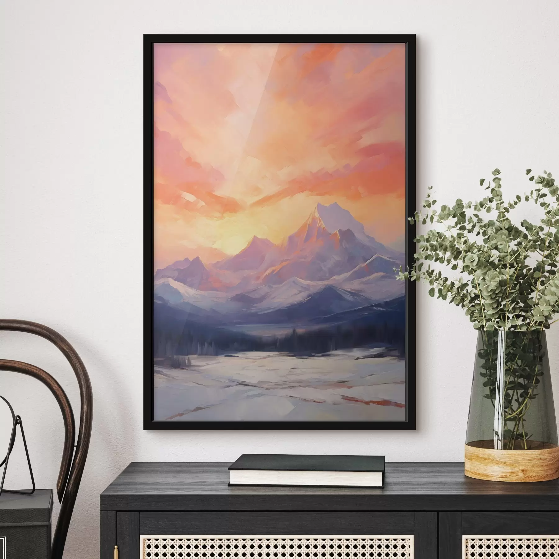 murales de pared Montañas nevadas bajo un cielo de vivos tonos naranjas y rosas salpicado de nubes f48741