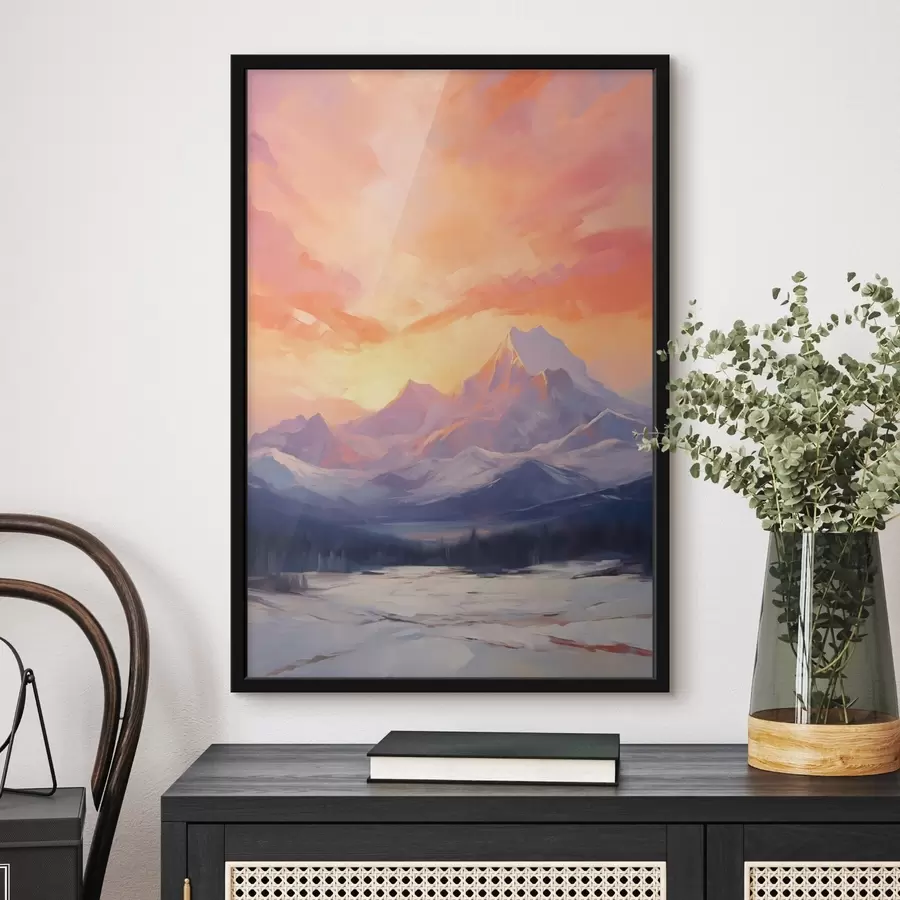 murales de pared Montañas nevadas bajo un cielo de vivos tonos naranjas y rosas salpicado de nubes f48741