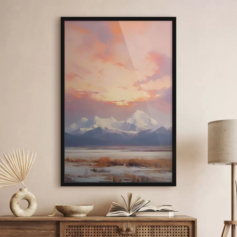 murales de pared Montañas nevadas bajo un cielo de vivos tonos naranjas y rosas salpicado de nubes f48742