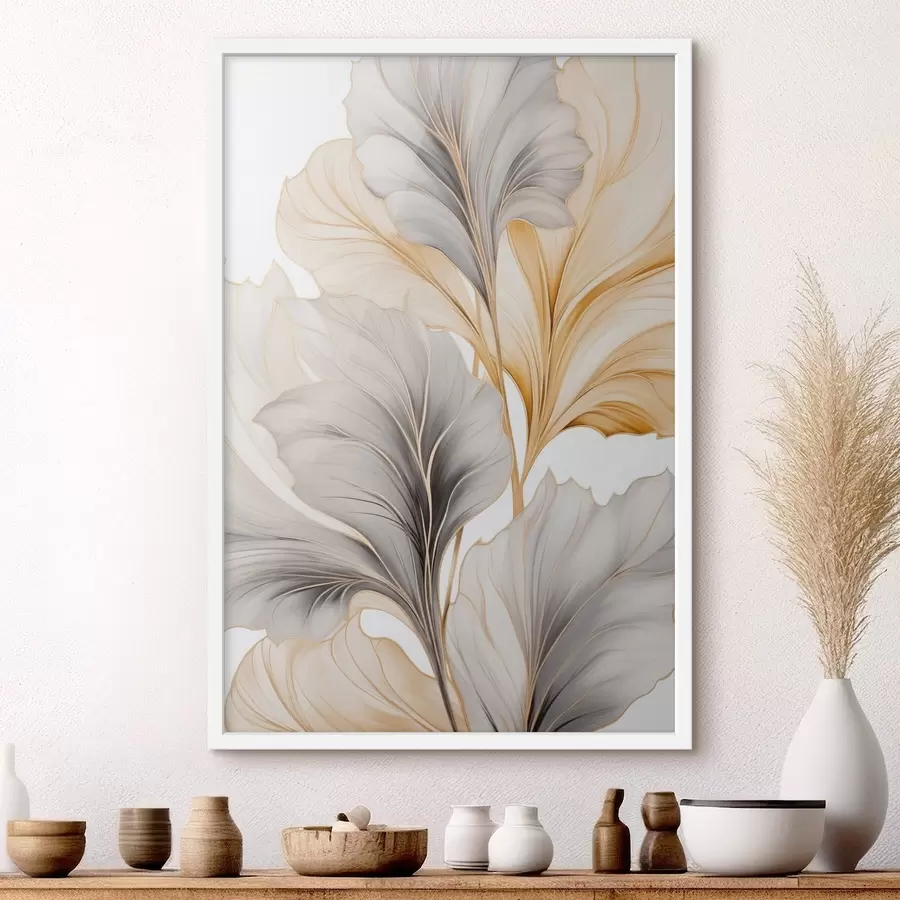 murales de pared Hojas grandes y translúcidas en tonos grises y amarillos f48745