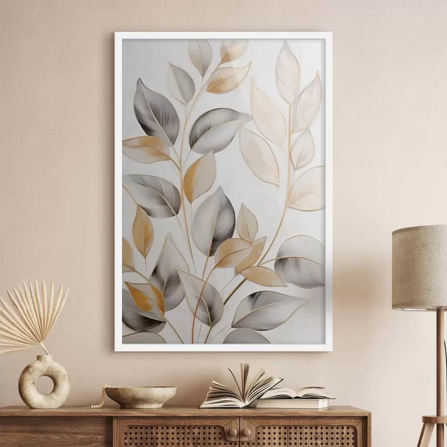 murales de pared Hojas grandes y translúcidas en tonos grises y amarillos f48746