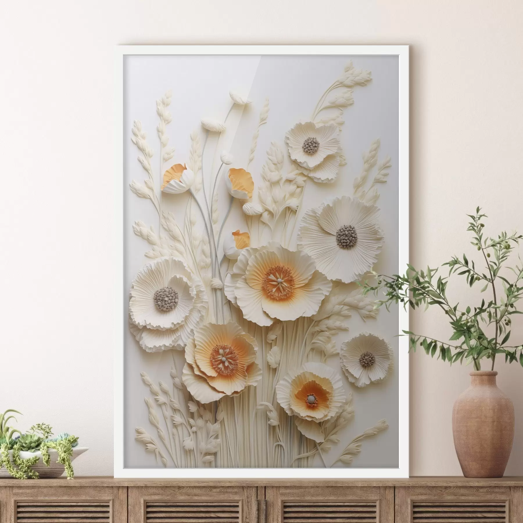 murales de pared Un ramo de amapolas de color crema y naranja con tallos de trigo secos f48747