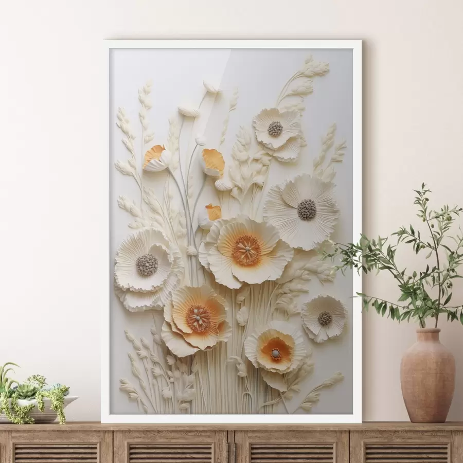 murales de pared Un ramo de amapolas de color crema y naranja con tallos de trigo secos f48747