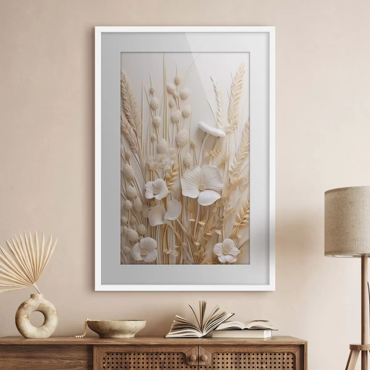 Poster Un ramo de amapolas color crema con tallos de trigo secos f48748