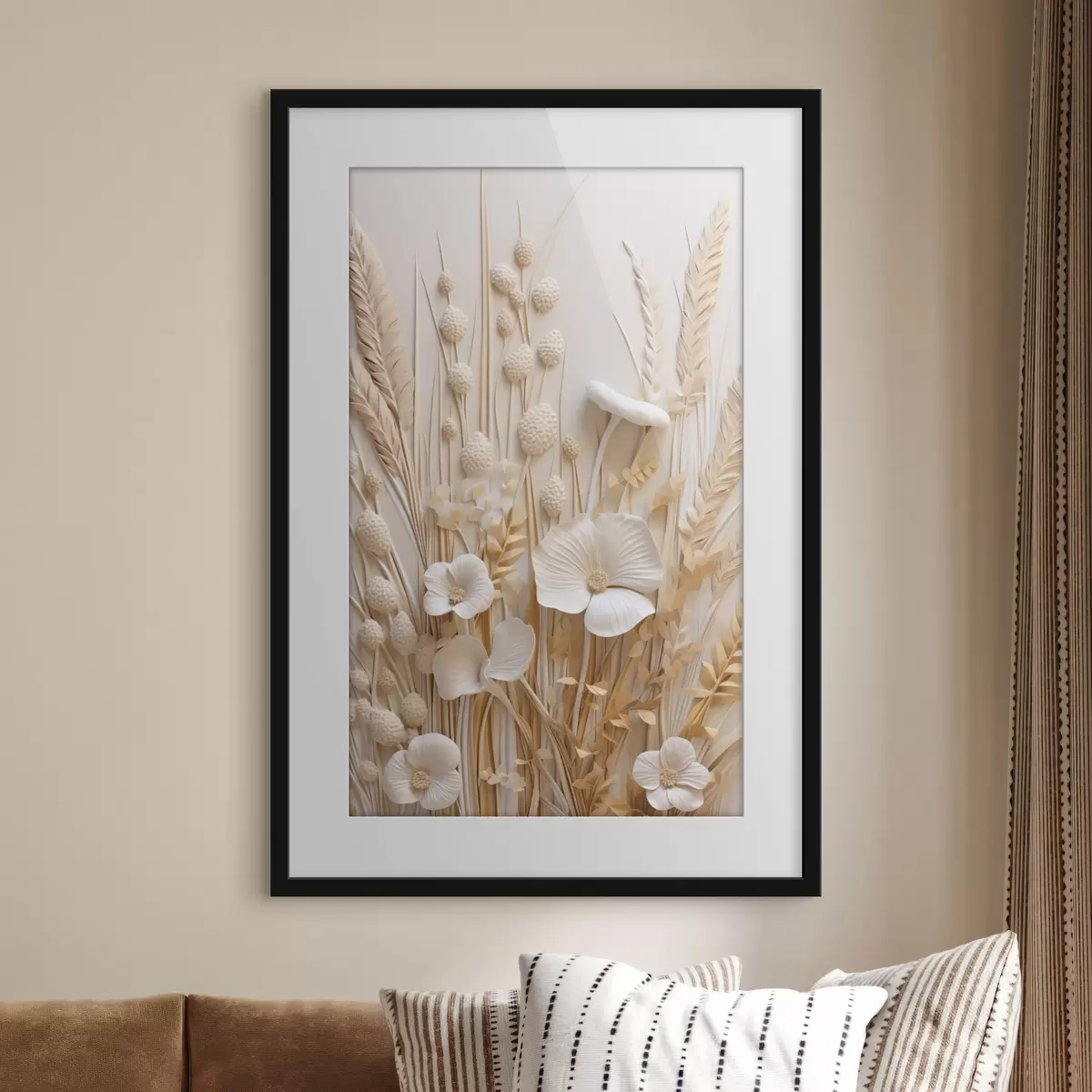 Poster Un ramo de amapolas color crema con tallos de trigo secos f48748