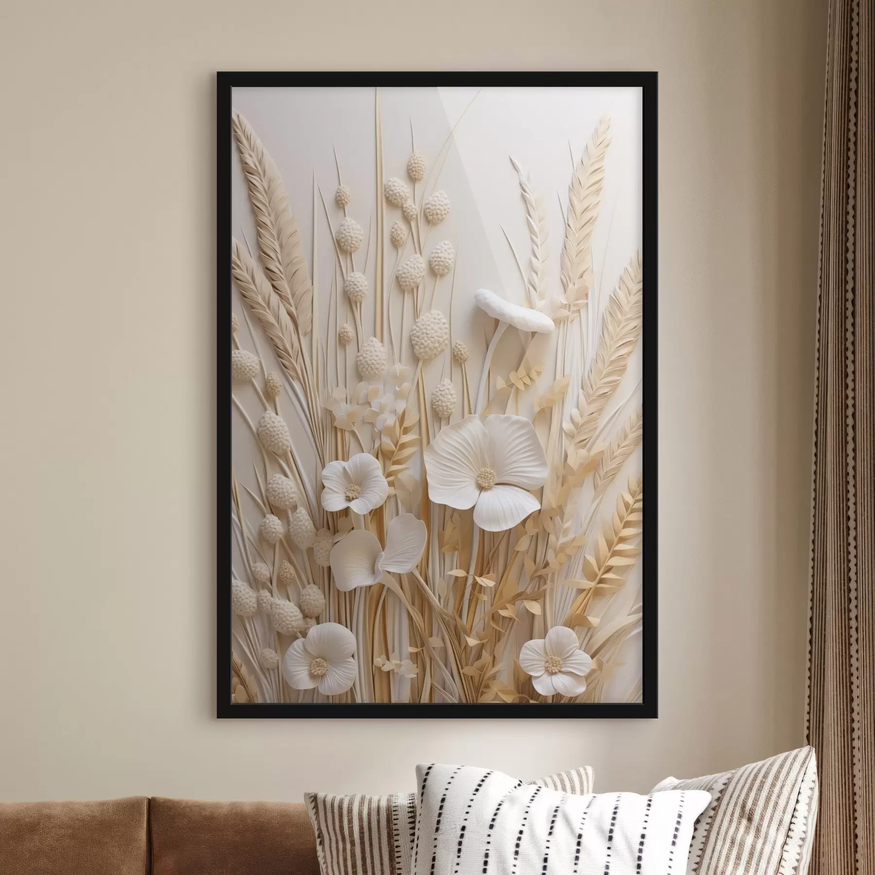 murales de pared Un ramo de amapolas color crema con tallos de trigo secos f48748