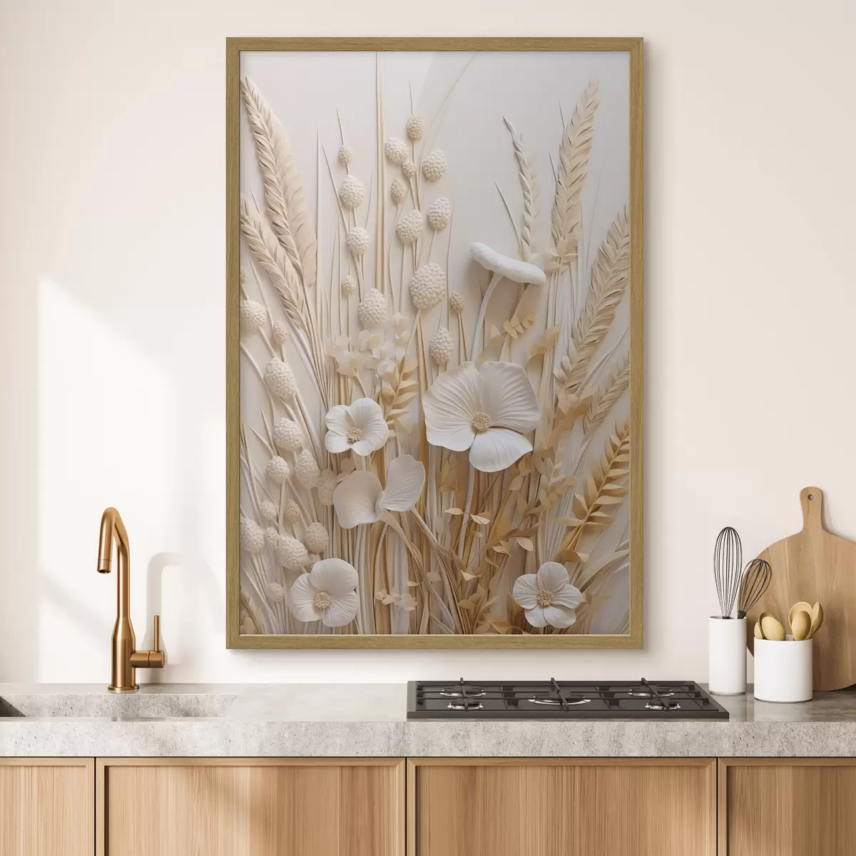 Poster Un ramo de amapolas color crema con tallos de trigo secos f48748