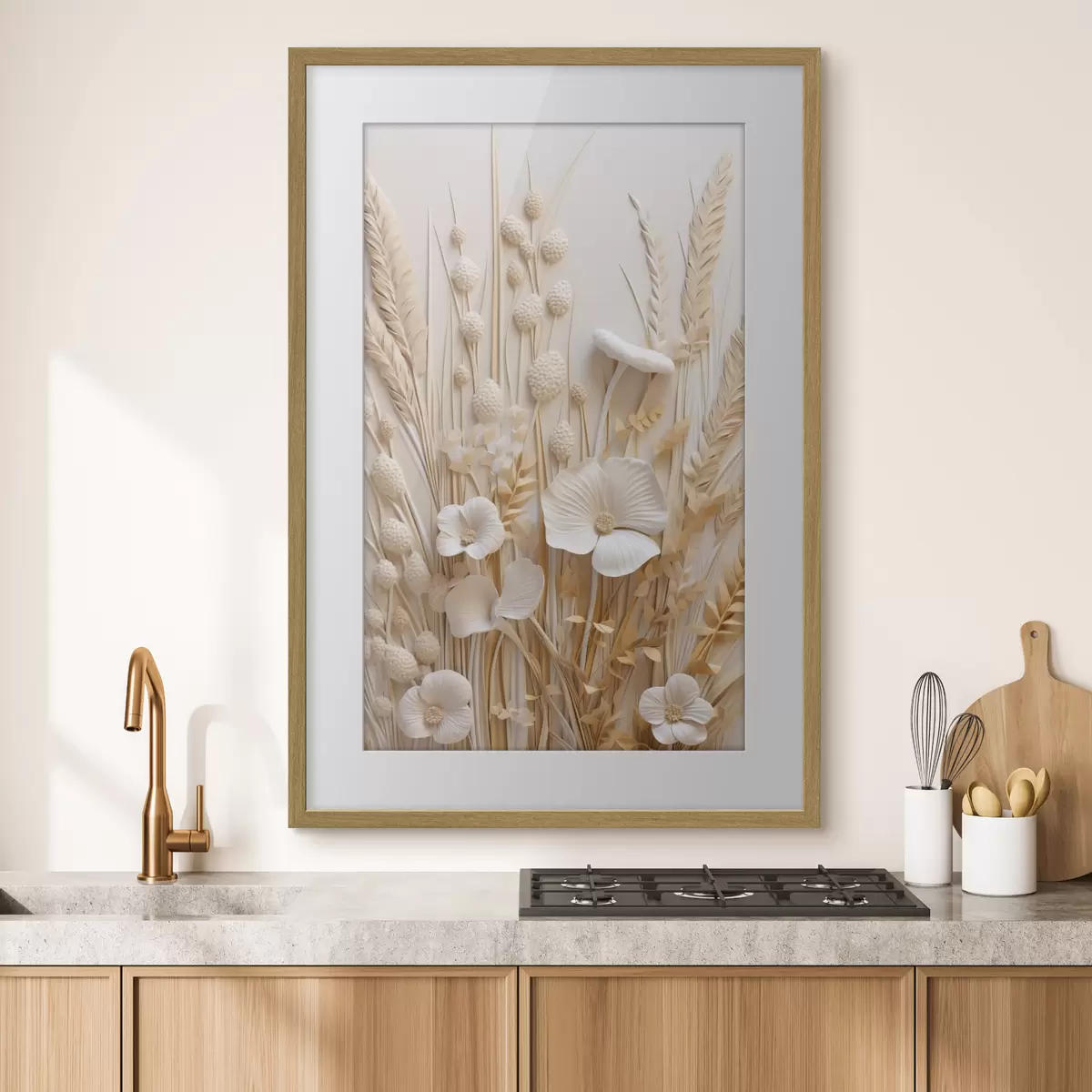 Poster Un ramo de amapolas color crema con tallos de trigo secos f48748