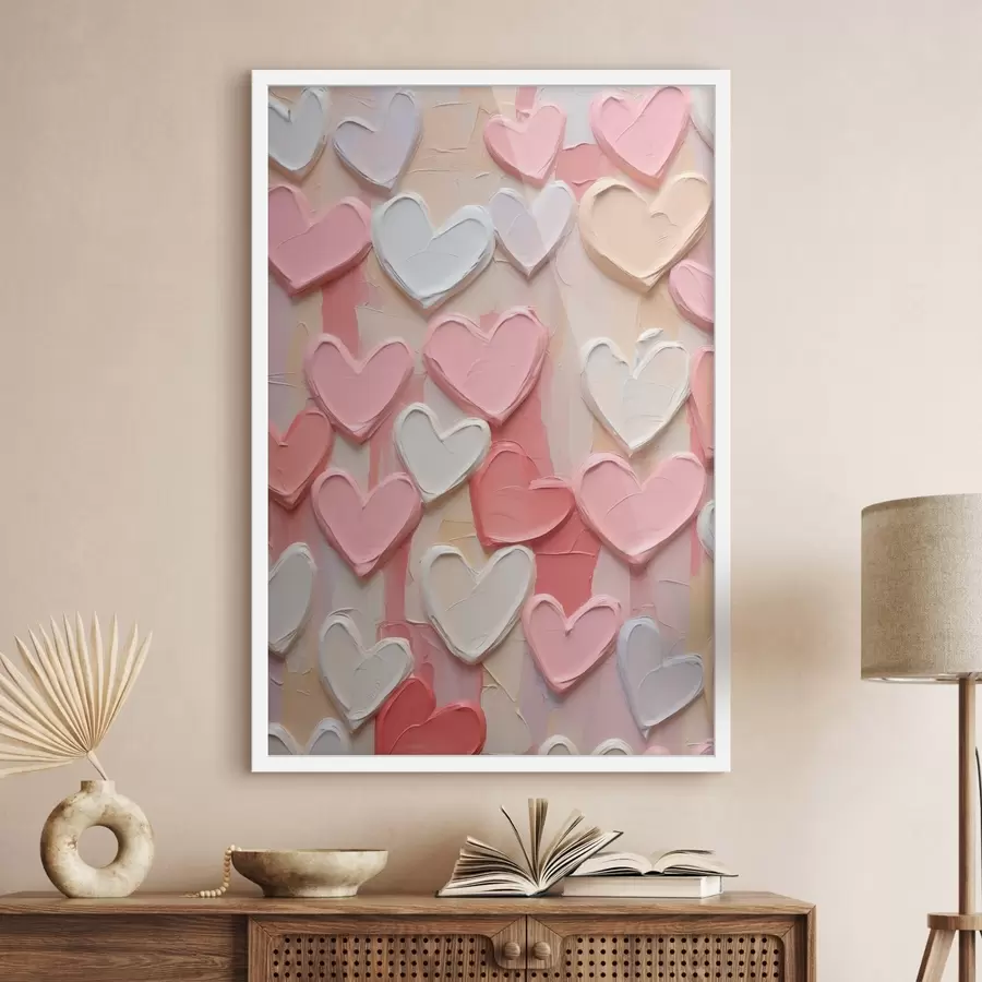 murales de pared Corazones en distintos tonos de melocotón y rosa, con un estilo texturizado y pintado f48751