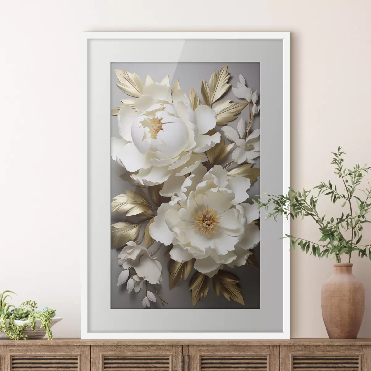 Poster Grandes peonías blancas con hojas amarillas sobre un fondo gris f48753