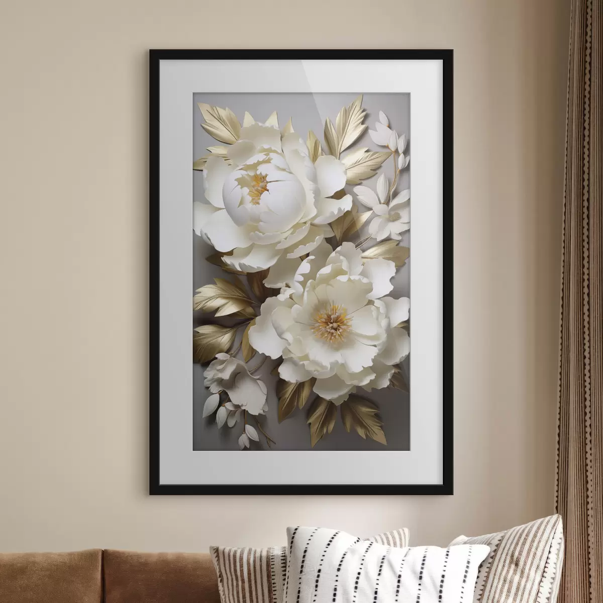 Poster Grandes peonías blancas con hojas amarillas sobre un fondo gris f48753