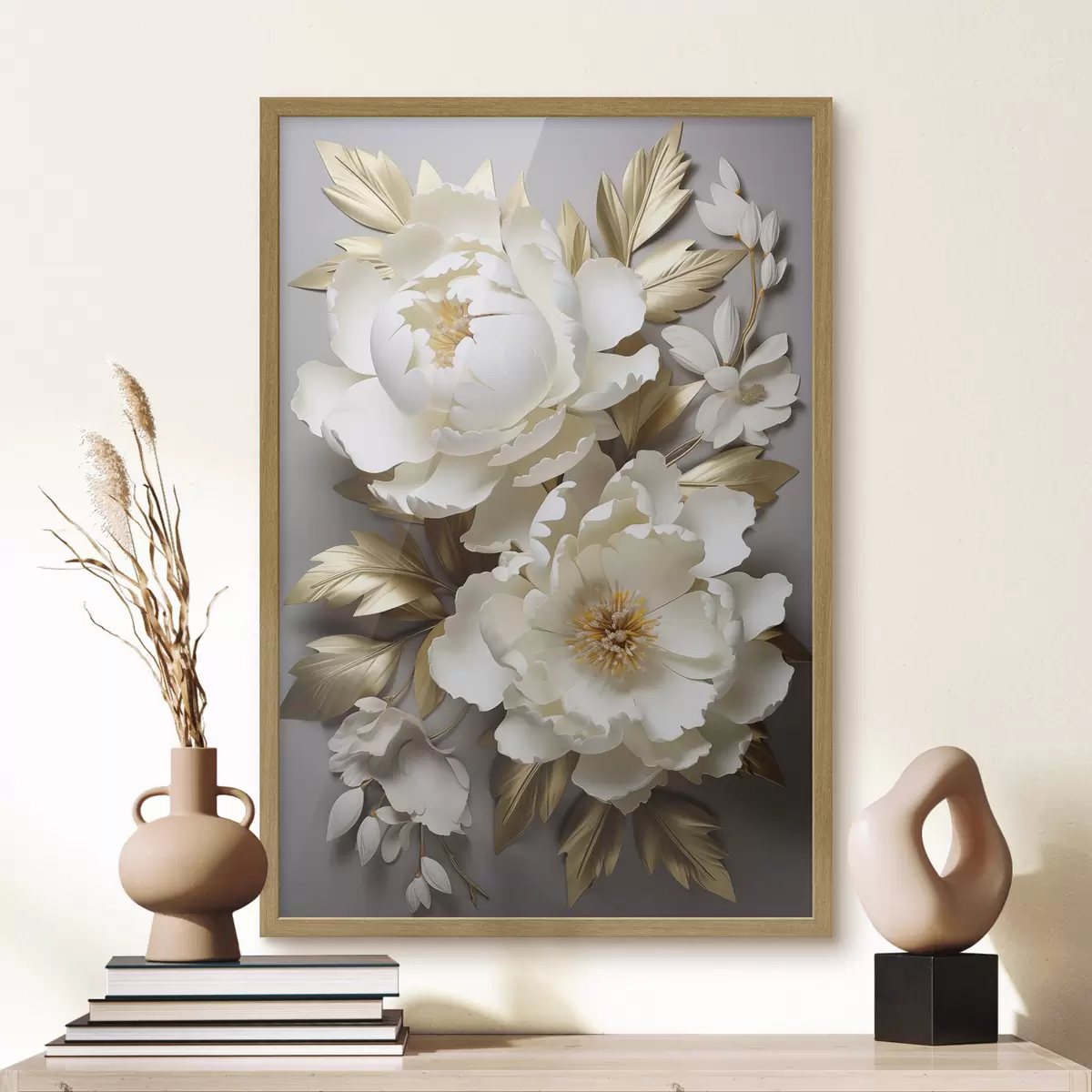 Poster Grandes peonías blancas con hojas amarillas sobre un fondo gris f48753