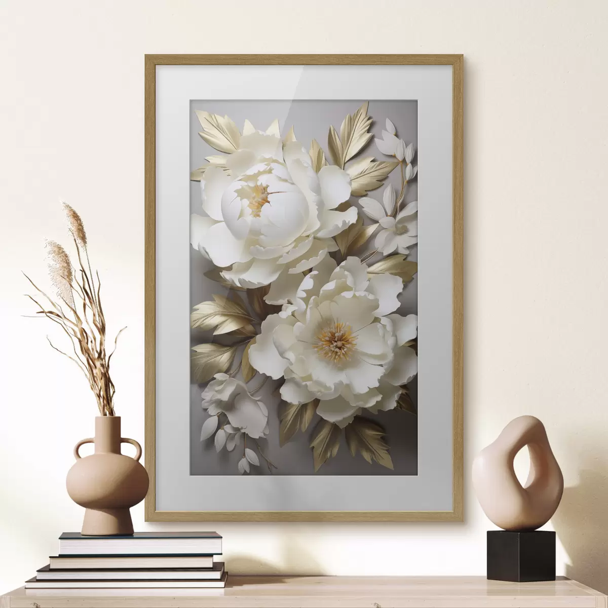 Poster Grandes peonías blancas con hojas amarillas sobre un fondo gris f48753