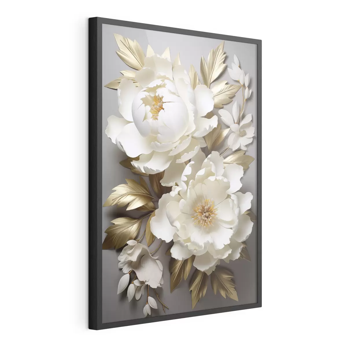 Poster Grandes peonías blancas con hojas amarillas sobre un fondo gris f48753