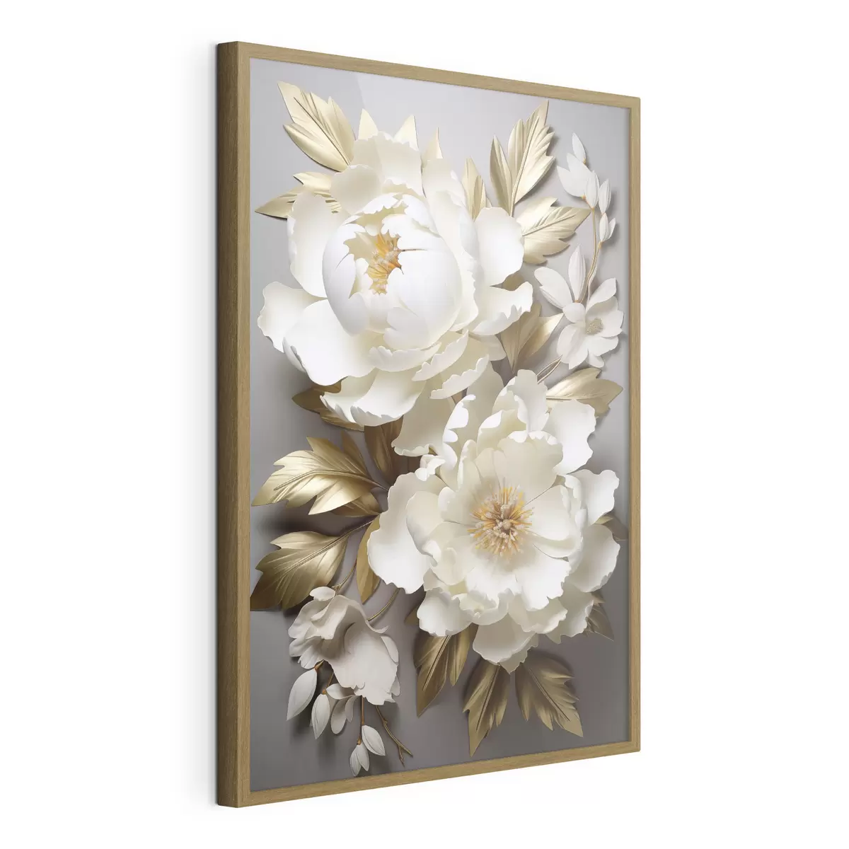 Poster Grandes peonías blancas con hojas amarillas sobre un fondo gris f48753