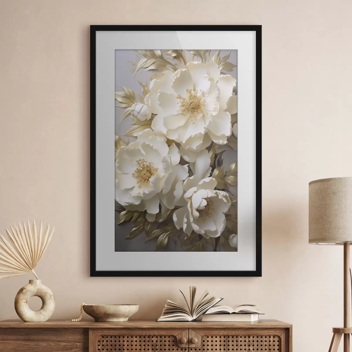 Poster Grandes peonías blancas con hojas amarillas sobre un fondo gris f48754