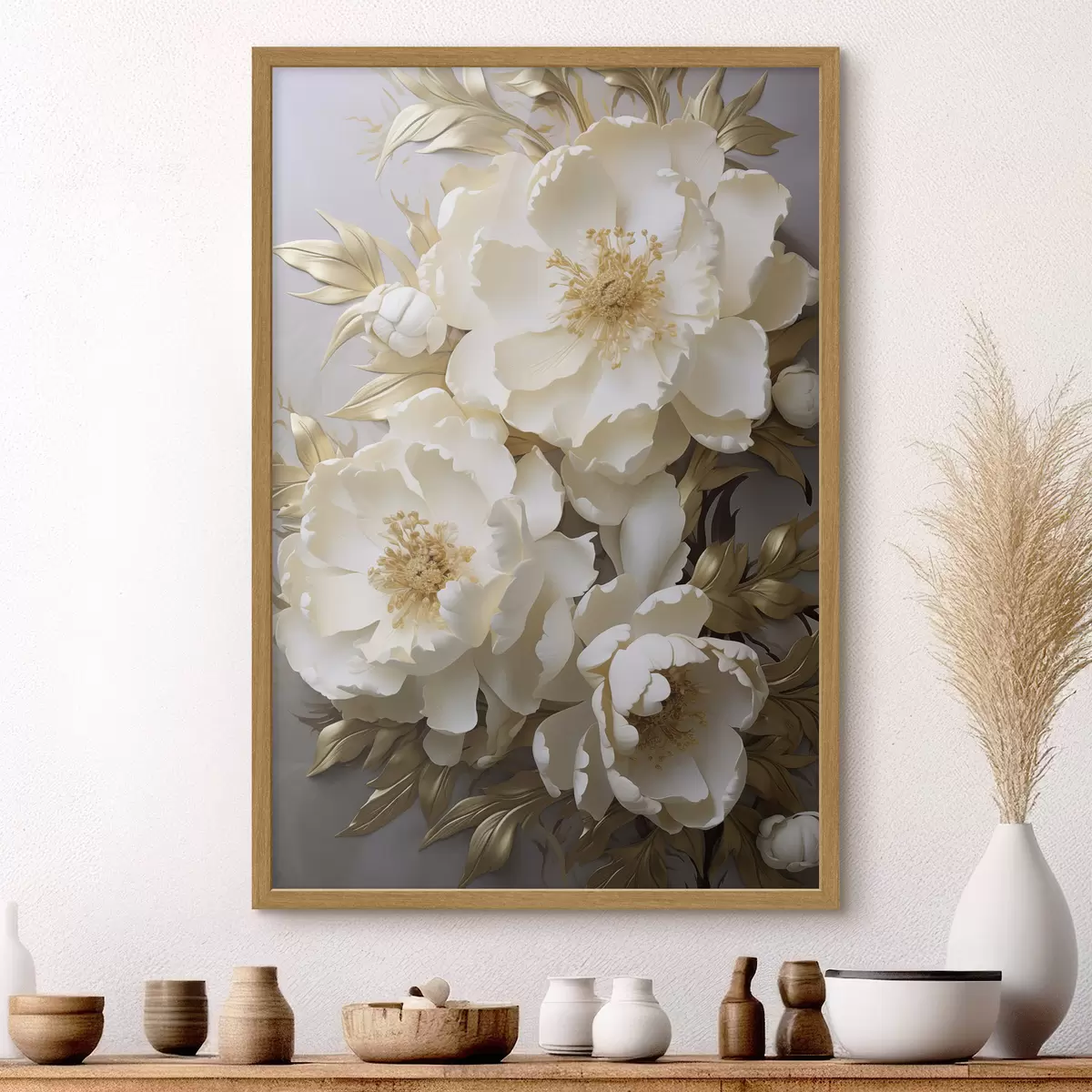 Poster Grandes peonías blancas con hojas amarillas sobre un fondo gris f48754