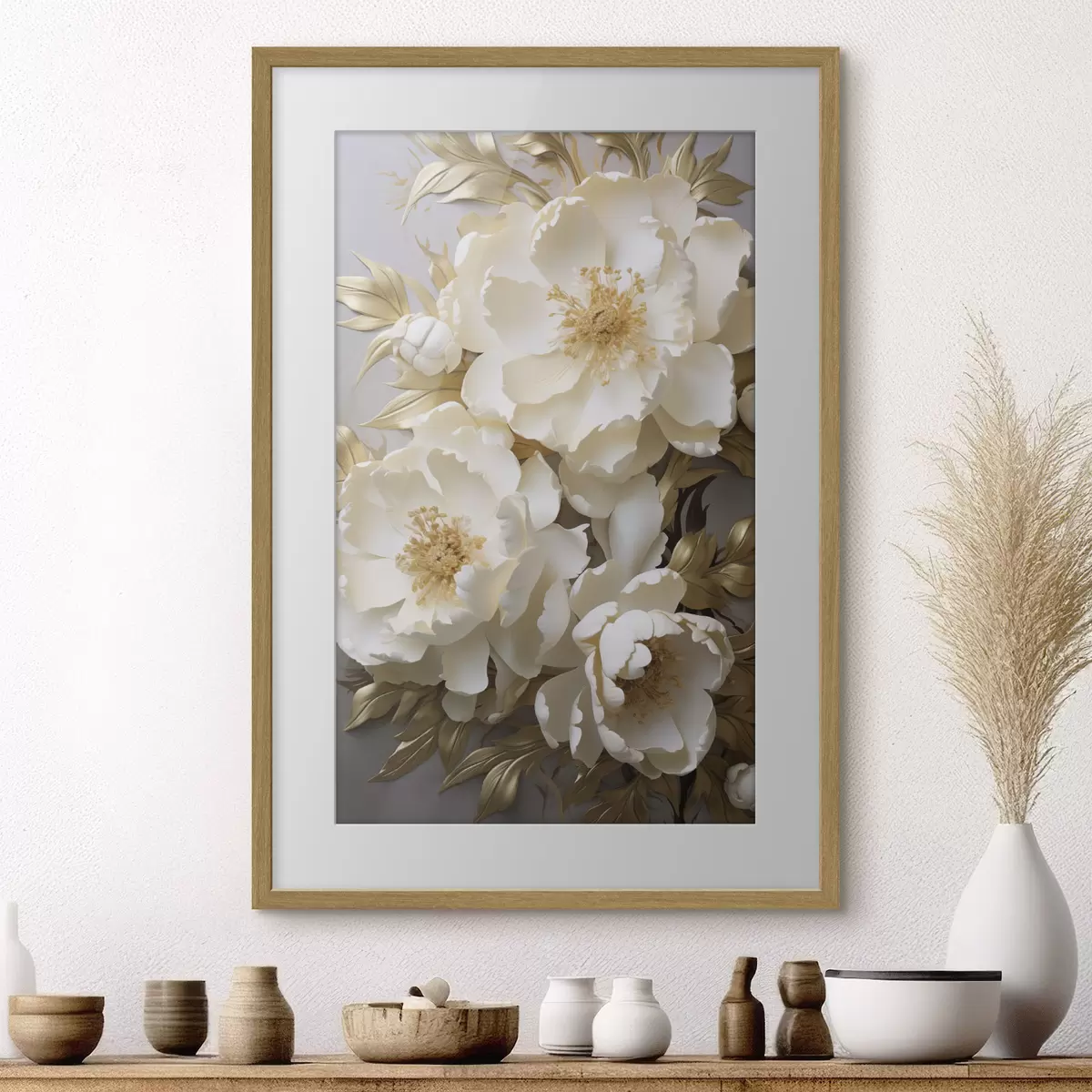 Poster Grandes peonías blancas con hojas amarillas sobre un fondo gris f48754