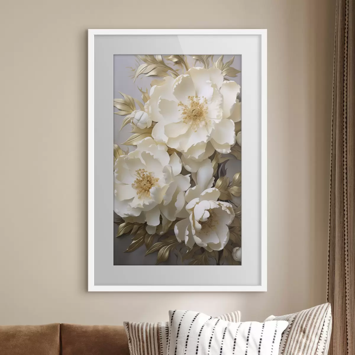 Poster Grandes peonías blancas con hojas amarillas sobre un fondo gris f48754