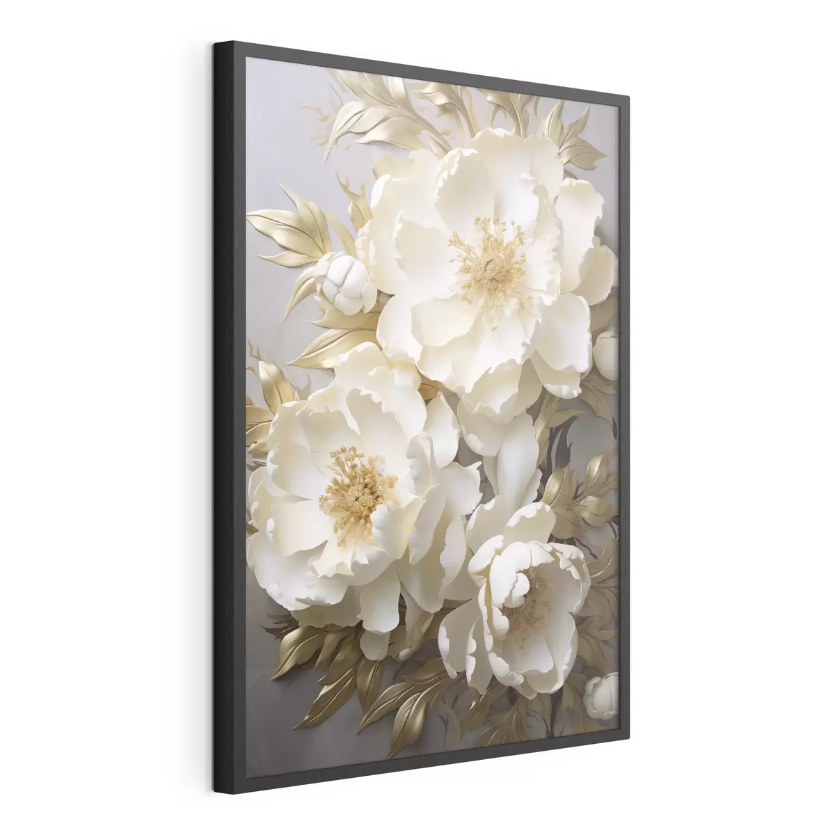 Poster Grandes peonías blancas con hojas amarillas sobre un fondo gris f48754