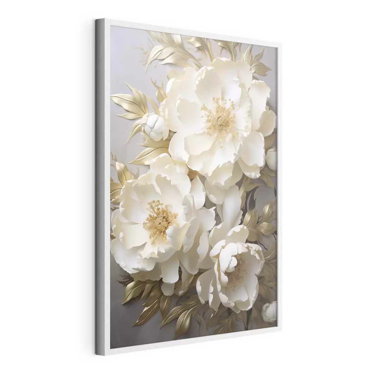 Poster Grandes peonías blancas con hojas amarillas sobre un fondo gris f48754