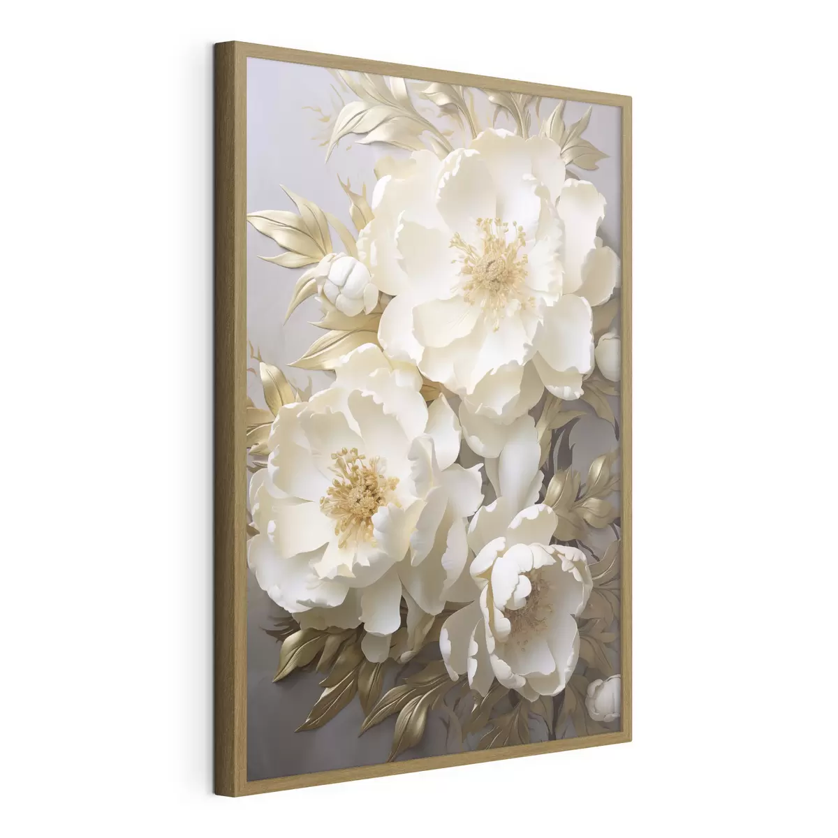 Poster Grandes peonías blancas con hojas amarillas sobre un fondo gris f48754