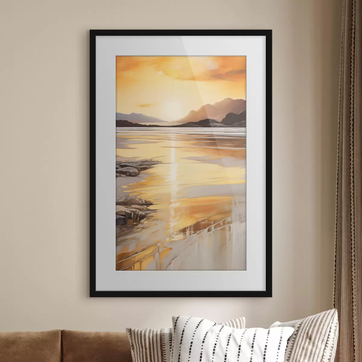 Poster Un paisaje con un río y montañas bajo un cálido cielo anaranjado, al atardecer f48756