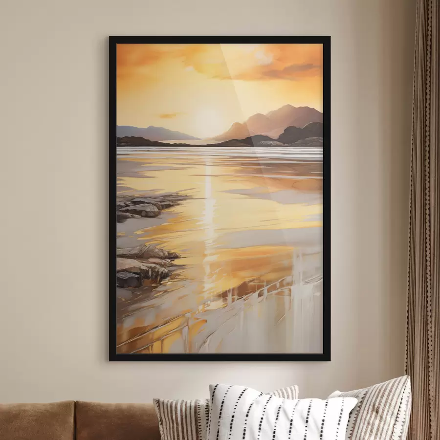 murales de pared Un paisaje con un río y montañas bajo un cálido cielo anaranjado, al atardecer f48756