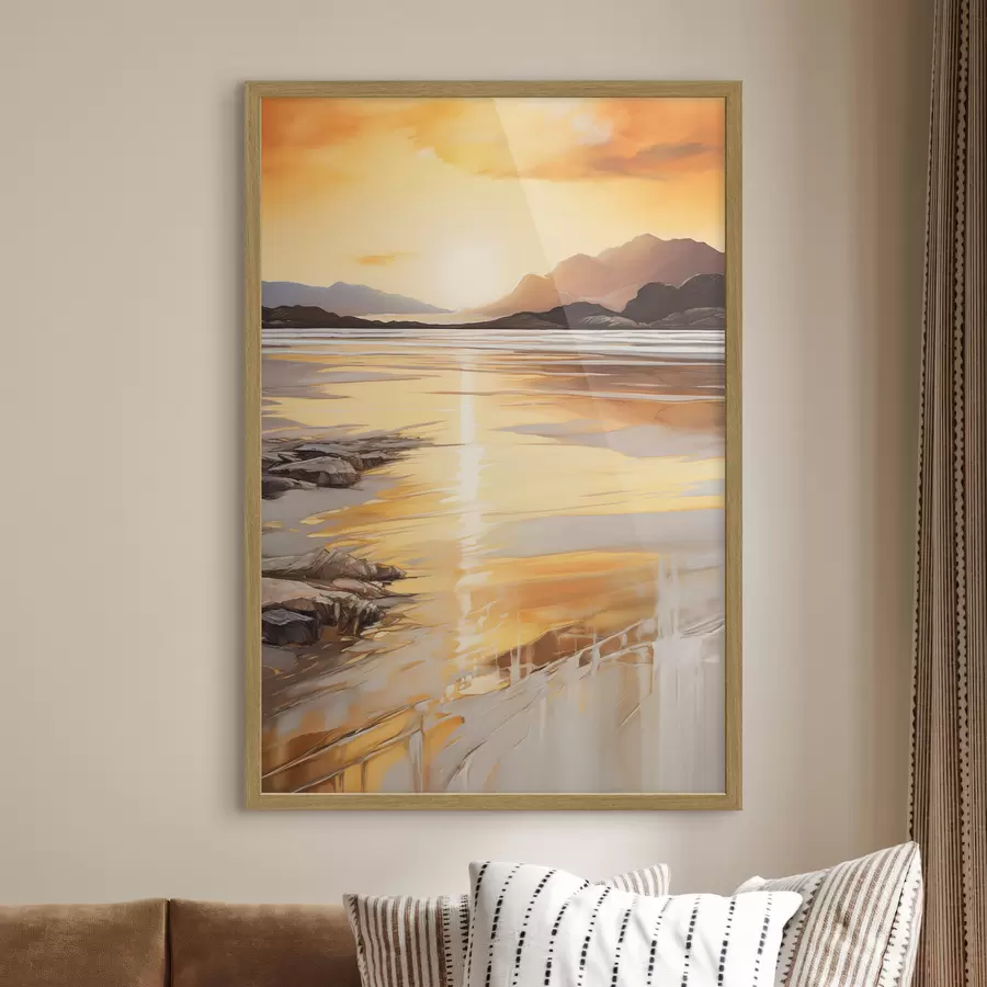 murales de pared Un paisaje con un río y montañas bajo un cálido cielo anaranjado, al atardecer f48756