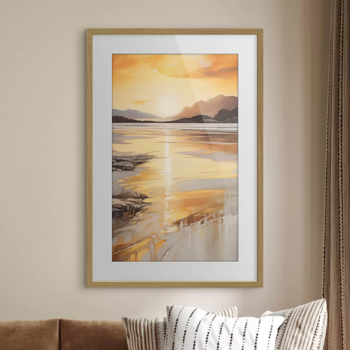 Poster Un paisaje con un río y montañas bajo un cálido cielo anaranjado, al atardecer f48756
