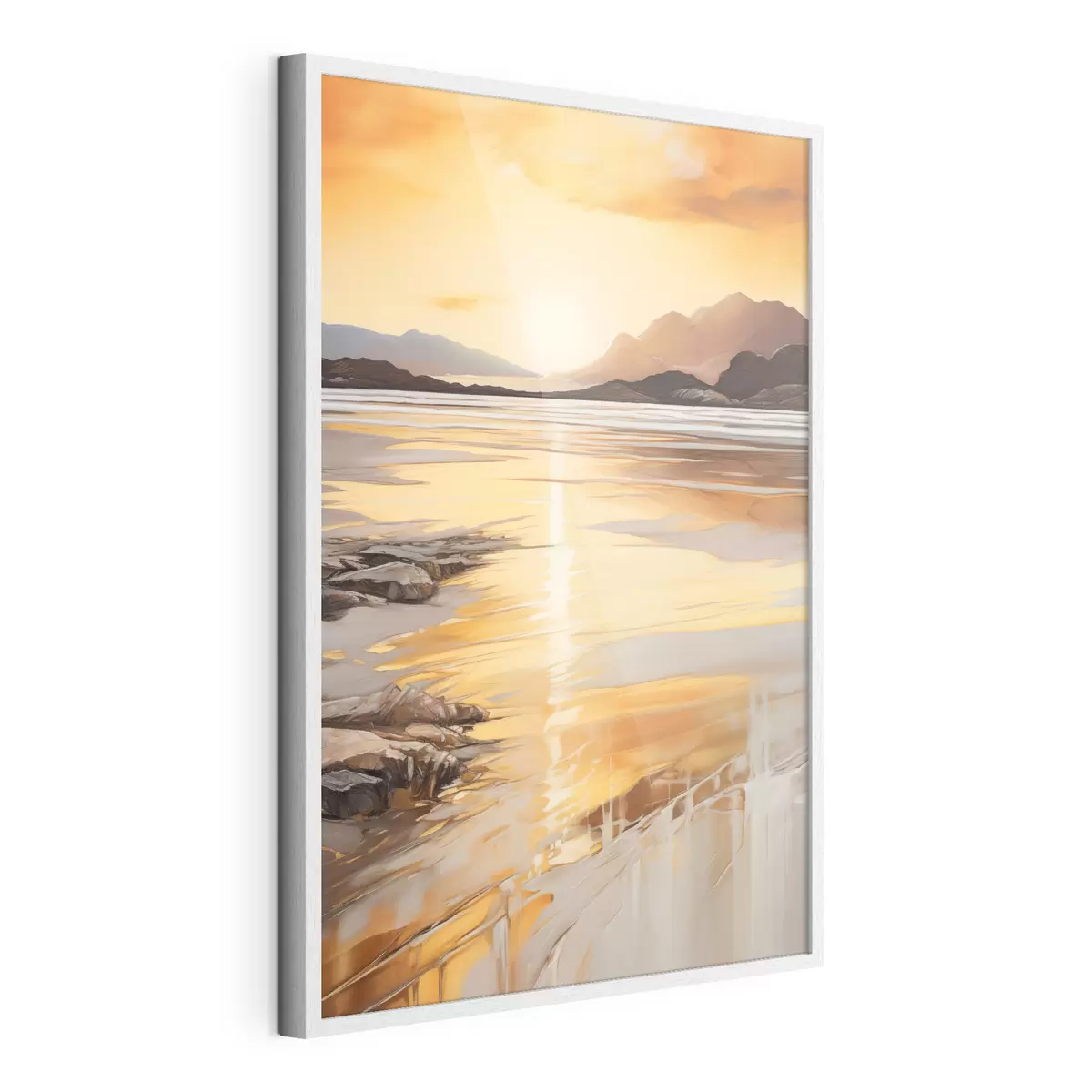 Poster Un paisaje con un río y montañas bajo un cálido cielo anaranjado, al atardecer f48756