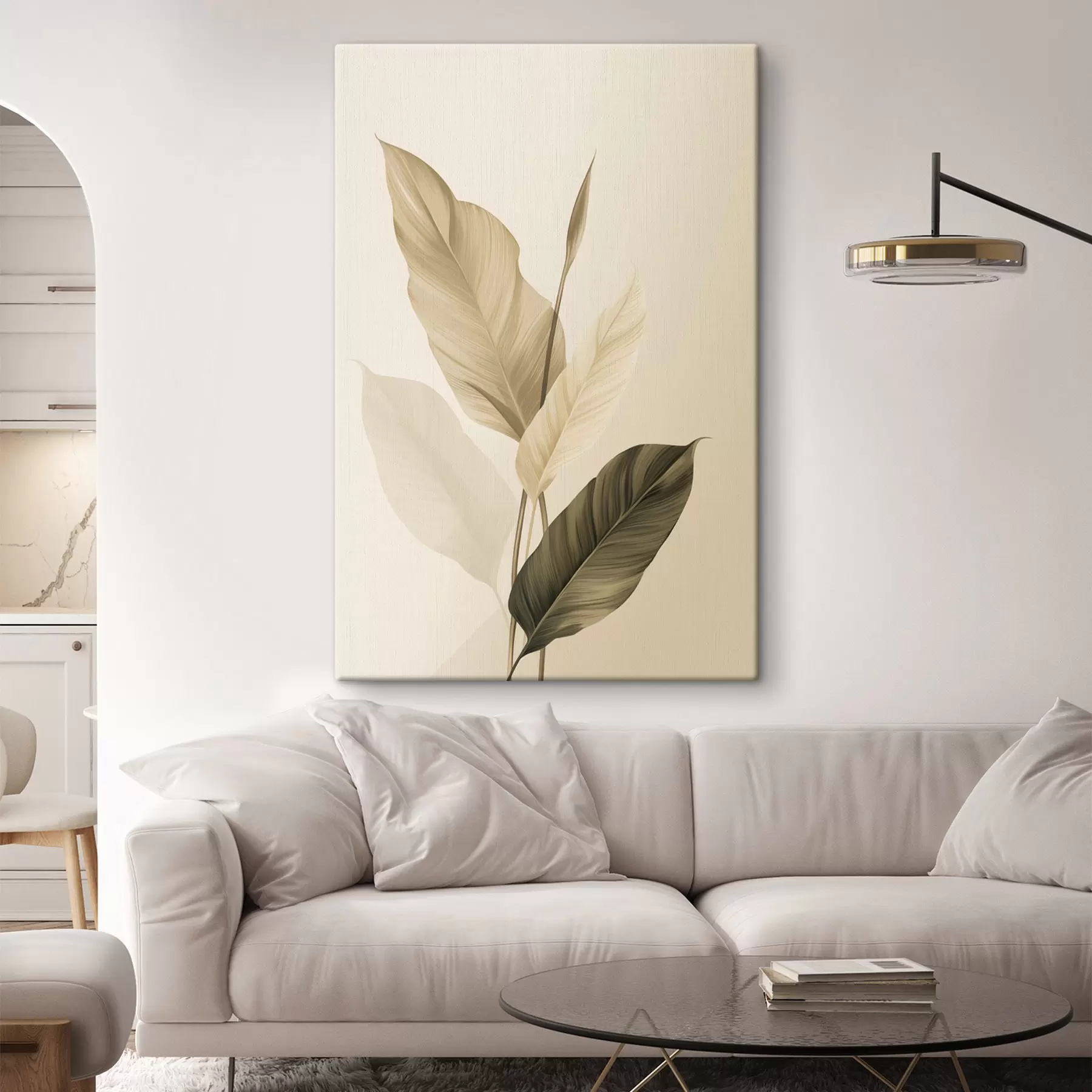 murales de pared Hojas tropicales grandes en tonos beige y marrón, sobre un fondo claro s48725